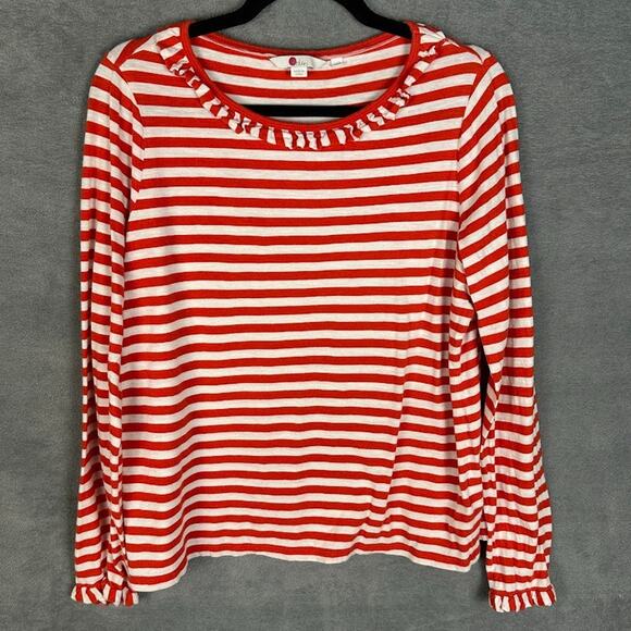 Boden Top Womens Large Red Striped Long Sleeve Ruffle Collar Preppy Nautical - Picture 1 of 12